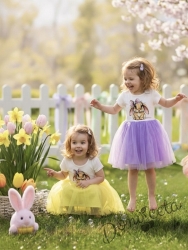 Бебешка или детска рокля с къс ръкав в лилаво със зайче