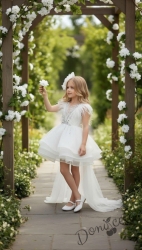 Официална детска рокля Валери в бяло и шлейф