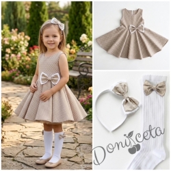 Комплект от 3 части-детска рокля в бежово на бели точици Вилина, диадема и чорапки от колекция Бежина