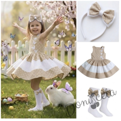 Комплект от детска рокля в бежово на бели точки с 3D пеперуди Далента с диадема и чорапки