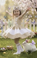 Детска официална  памучна рокля в прасковено на бели точки Далента