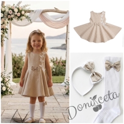 Комплект от 3 части-детска рокля клош в бежово на бели точки Вилина с бели 3D пеперудки, диадема и чорапки 