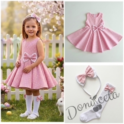 Комплект от 3 части-детска рокля в розово на бели точици Вилина, диадема и чорапки от колекция 