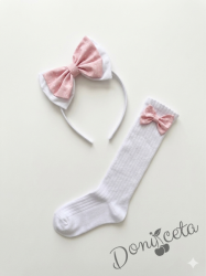 Комплект ръчно изработена диадема и чорапки с панделки в розово с бели точици