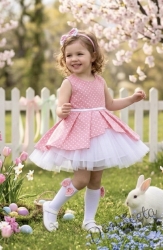 Детска памучна рокля Надежда в розово на точки с тюл в бяло