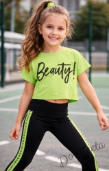 Детски летен комплект от 3 части с потник , блузка с къс ръкав в зелено/неон и клин в черно