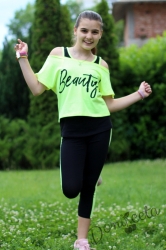 Детски летен комплект от 3 части с потник , блузка с къс ръкав в зелено/неон и клин в черно