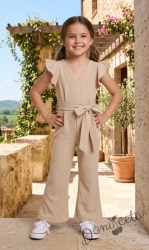 Елегантен детски дълъг гащеризон за момиче в бежово с къдрички 