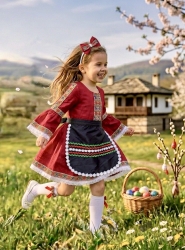 Комплект от детска етно рокля Ели в червено тип носия с ръкав до лакътя в бяло с фолклорни мотиви и престилка