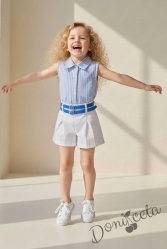 Комплект за момиче от 2 части - топ ризка на раета и къси панталонки с висока талия в бяло