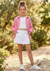 Комплект за момиче от 3 части - риза с дълъг ръкав в розово , бял топ и къси панталонки с висока талия в бяло