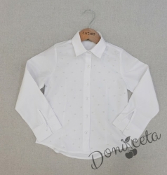 Детска бяла риза за момиче с дълъг ръкав с перли