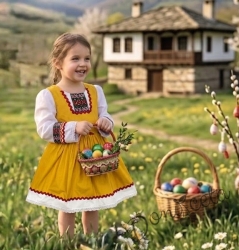 Детска рокля с дълъг ръкав в жълто с фолклорни/етно мотиви тип народна носия 45608