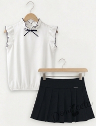 Комплект за момиче от 2 части-пола Гери в черно от трико и блузка с къс ръкав с къдрички в бяло Contrast