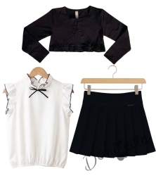 Комплект Гери от 3 части - плисирана пола от трико , болеро в черно и блузка с къс ръкав в бяло с къдрички Contrast