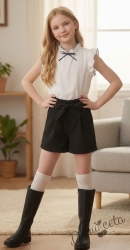 Комплект от 2 части- къси панталони в черно с ластик и колан и блузка в бяло с къс ръкав и къдрички Contrast