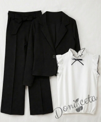 Комплект за момиче от 3 части - сако Ким, панталон с висока талия и коланче в черно и блуза без ръкав с панделка и къдрички в черно Contrast
