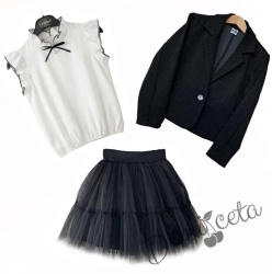 Комплект от 3 части-блузка с къс ръкав в бяло с панделка и къдрички , тюлена пола Contrast и сако Ким в черно на ситни точици