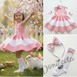 Комплект от детска рокля в розово на бели точки с 3D пеперуди Далента с диадема и чорапки