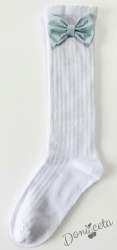 Детски чорапи до коляното в бяло с панделка в тюркоаз на точки