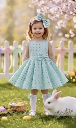 Официална или ежедневна детска/бебешка рокля в тюркоаз на черни точки тип клош  Вилина