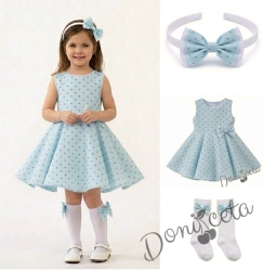Комплект от 3 части-детска рокля клош в цвят тюркоаз Вилина на точки, диадема и чорапки 