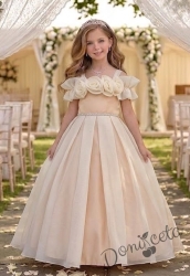 Дълга официална детска рокля Вяра с деколте декорирано с обемни 3D рози в бежово