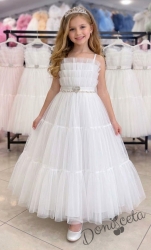 Дълга официална детска рокля Сиянa с колан във формата на сърце в бяло