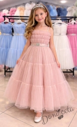 Дълга официална детска рокля Сиянa с колан във формата на сърце в пепел от рози