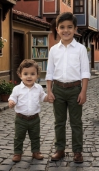 Спортно-елегантен панталон за момче със скрит джоб в масленозелен цвят