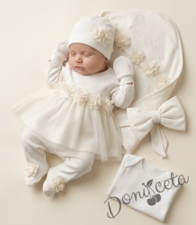 Комплект за изписване на момиче от 6 части в екрю с 3D цветя