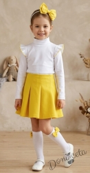 Комплект от пола в жълто и блузка в бяло с дълъг ръкав с къдрички в жълто