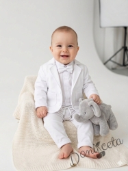 Официален бебешки костюм за момче от 4 части - сако в бяло, риза в бяло, панталон и папийонка в бяло