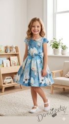 Официална детска рокля в синьо на бели цветя с 3D ефект и красива панделка