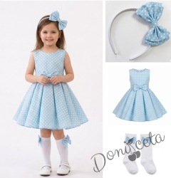 Комплект от 3 части-детска рокля клош в светлосин цвят Вилина на точки, диадема и чорапки 