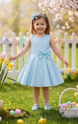 Официална или ежедневна детска/бебешка рокля в светлосиньо на точки тип клош  Вилина