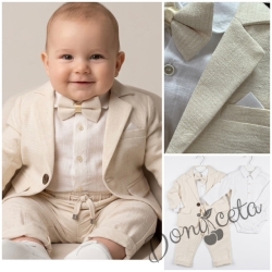 Бебешки летен комплект Terry за момче от 4 части - боди-риза в бяло с панталон, сако и папийонка в бежово 