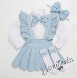 Комплект за момиче от 5 части- сукман Гери в светлосиньо с плисирана пола, риза в бяло с дълъг ръкав и къдрички с панделка, чорапки и диадема