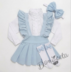 Комплект за момиче от 4 части- сукман Гери в светлосиньо с плисирана пола, риза в бяло с дълъг ръкав и къдрички , чорапки и диадема в  розово