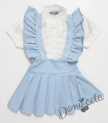 Комплект от сукман от трико с къдрички в светлосиньо Гери и блуза с къс ръкав с панделка и къдрички 