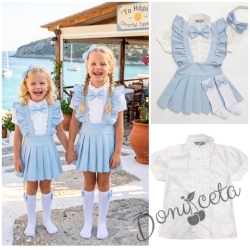 Комплект за момиче от 5 части- сукман Гери в светлосиньо с плисирана пола, риза в бяло с къс ръкав и къдрички с панделка, чорапки и диадема