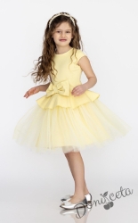 Детска рокля с къс ръкав с тюл и панделка в жълто Contrast
