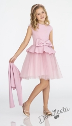 Комплект от детска рокля с къс ръкав с тюл и панделка в розово и болеро Contrast