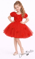 Официална детска рокля Розана с къс ръкав с 3D рози и богат тюл в червено
