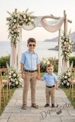 Детски комплект от риза с дълъг ръкав в светлосиньо, дълъг панталон в бежово с колан от колекция Бежина