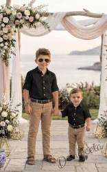 Детски комплект от риза с дълъг ръкав в черно, дълъг панталон в бежово от колекция Черновина с колан