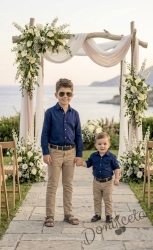 Детски комплект от риза с дълъг ръкав в тъмносиньо с дълъг панталон в бежово с колан 