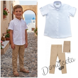 Летен комплект за момче от риза с къс ръкав в бяло и дълъг панталон в бежово