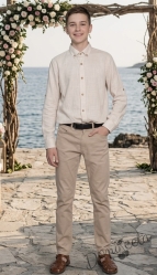 Официален детски комплект за момче риза с дълъг ръкав в бежово с яка и панталон в бежово