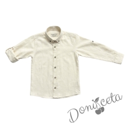 Детска риза за момче с дълъг ръкав в екрю с копчета в бежово